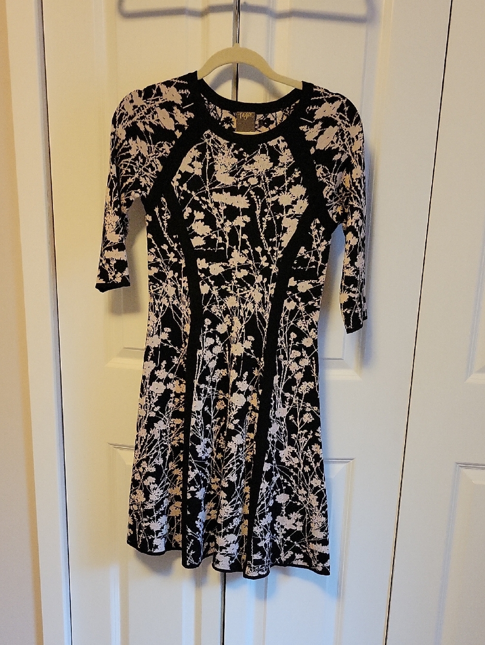 Taylor Black and White Floral Long Sleeve Fit-and-Flare Dress